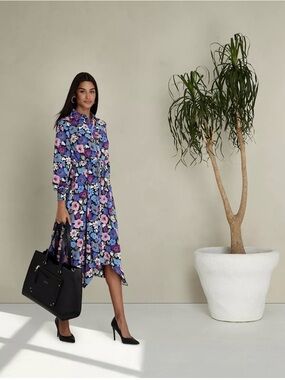 Nicole Miller Blue & Purple Floral Long-Sleeve Midi Dress